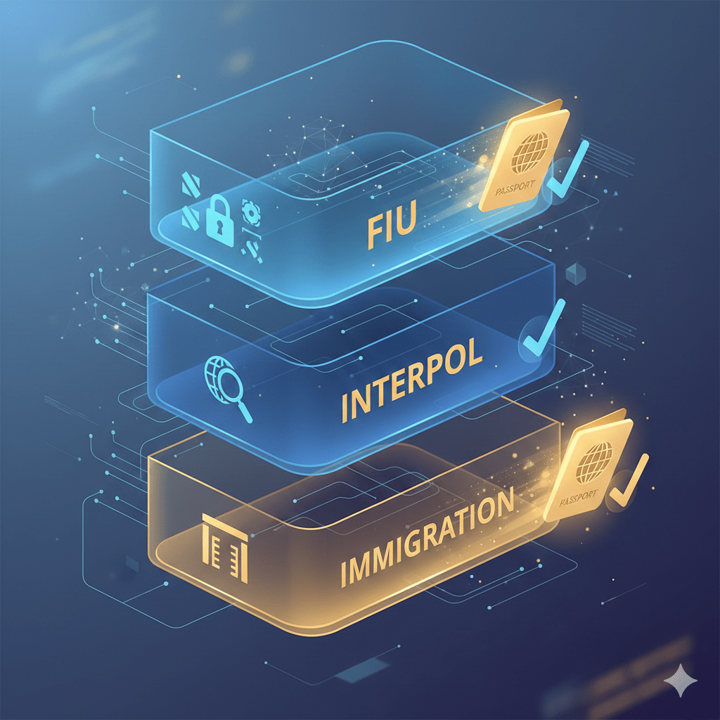 Visual representation of Vanuatu’s triple-layer Due Diligence process for citizenship: FIU, Interpol, and immigration checks illustrated as a secure, fast-moving workflow.
